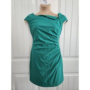 Calvin Klein Size 14 Green Cap Sleeve Ruched Sheath Fitted Cocktail Dress Lined